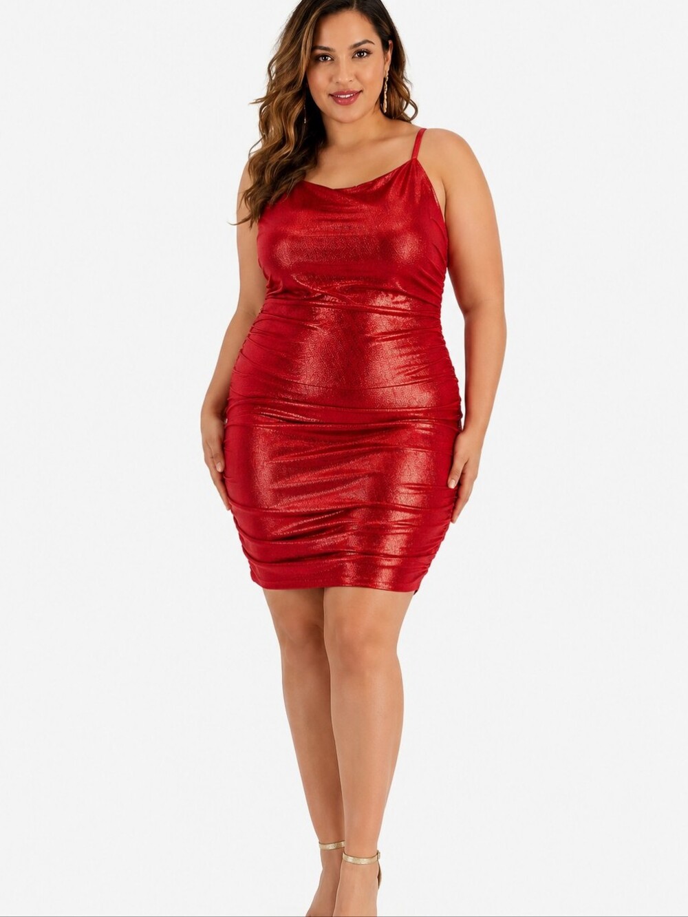 Red Satin Slip Dress with Ruched Sides